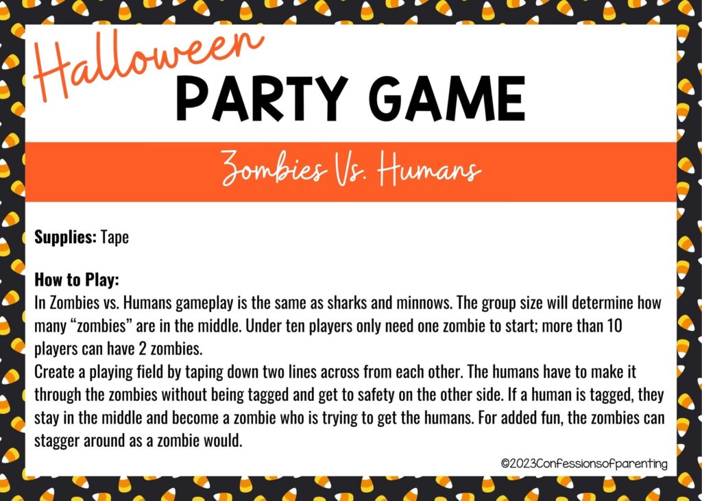 halloween themed border on white background with instructions for the Zombie vs Humans game