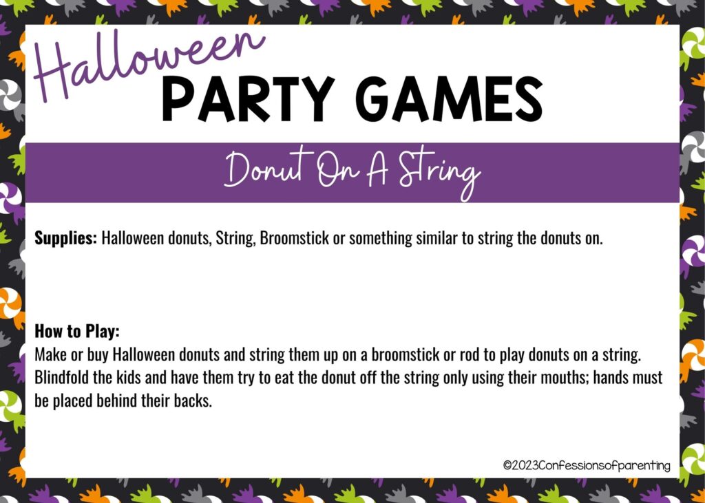 halloween themed border on white background with instructions for the Donut on a String game