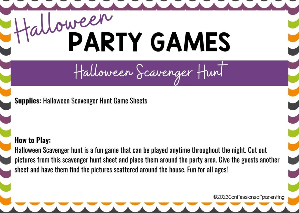 halloween themed border on white background with instructions for the Halloween Scavenger Hunt game