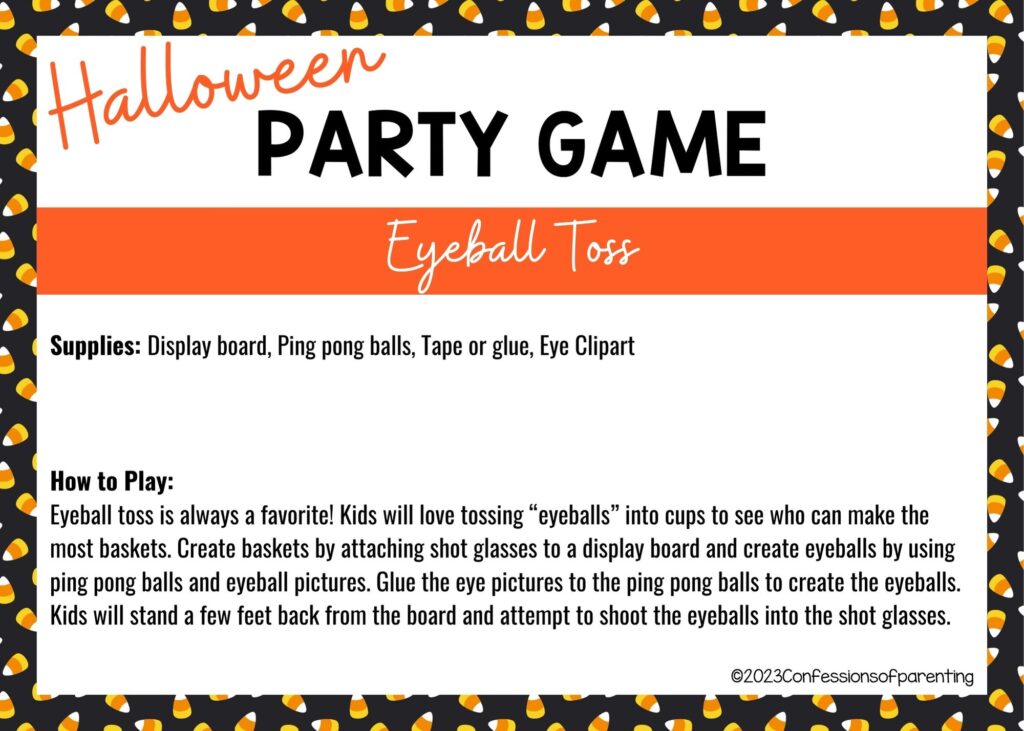 halloween themed border on white background with instructions for the Eyeball Toss game