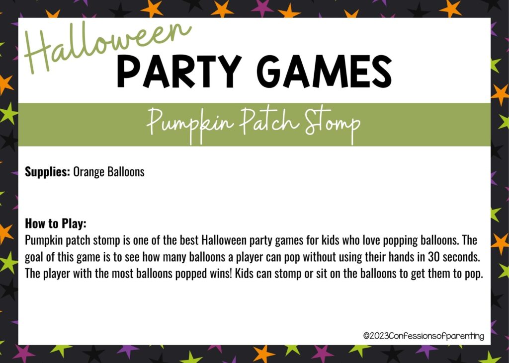 halloween themed border on white background with instructions for the Pumpkin Patch Stomp game