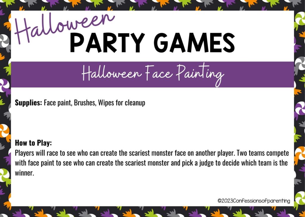 halloween themed border on white background with instructions for the Halloween Face Painting game