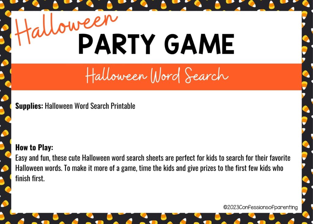 halloween themed border on white background with instructions for the Halloween Word Search game