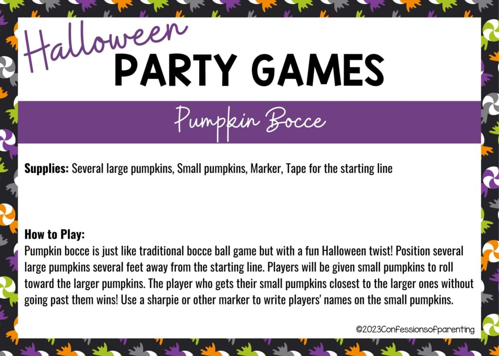 halloween themed border on white background with instructions for the Pumpkin Bocce game