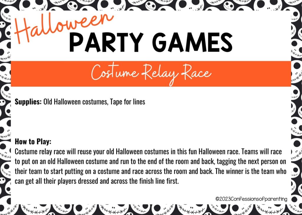 halloween themed border on white background with instructions for the Costumer Relay Race game