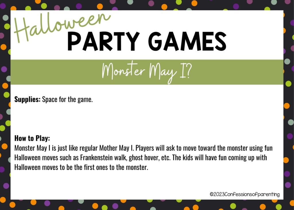 halloween themed border on white background with instructions for the Monster May I? Game