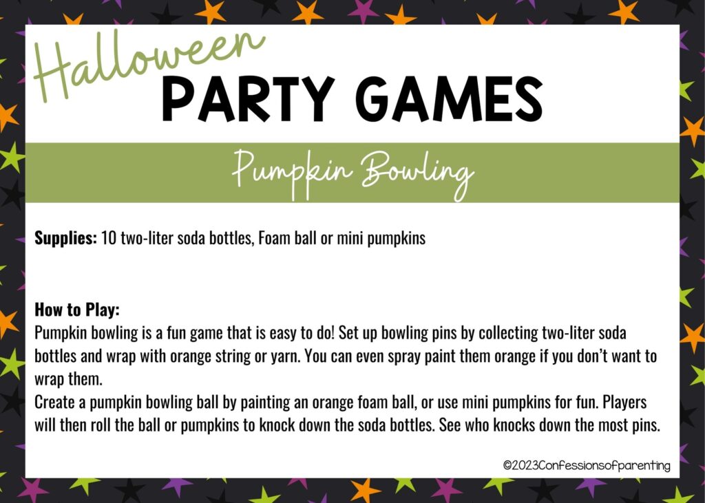 halloween themed border on white background with instructions for the Pumpkin Bowling game