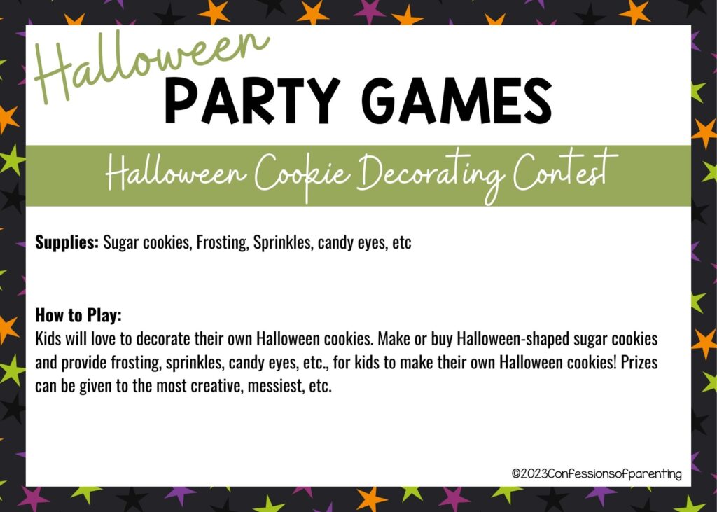 halloween themed border on white background with instructions for the Halloween Cookie Decorating Contest game