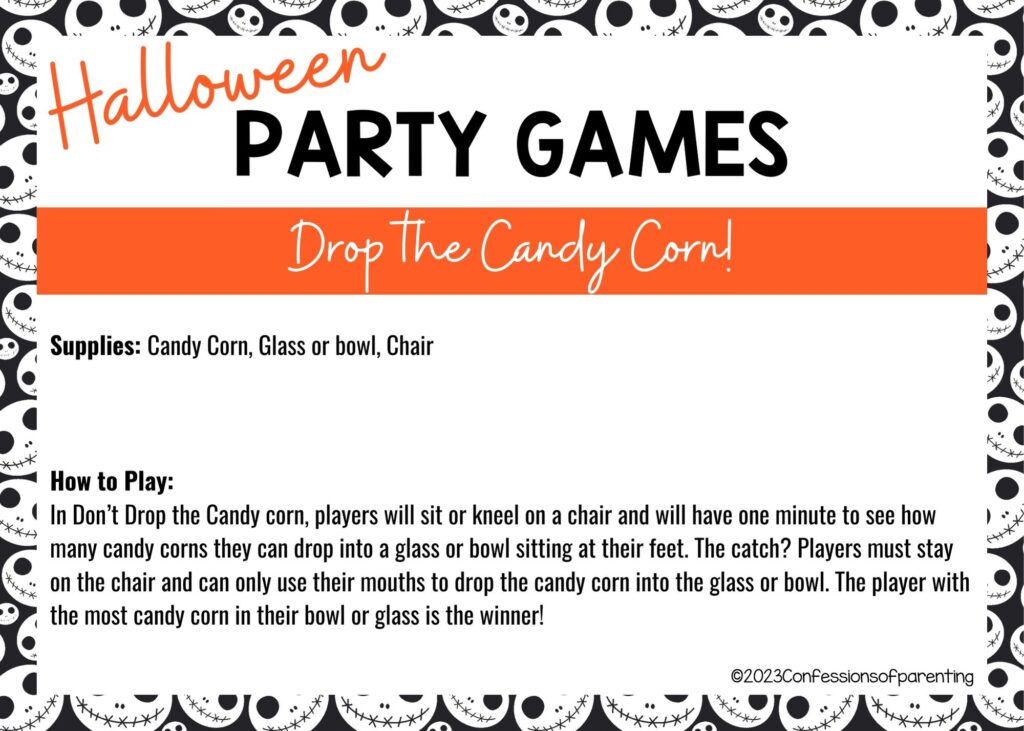 halloween themed border on white background with instructions for the Drop the Candy Corn game