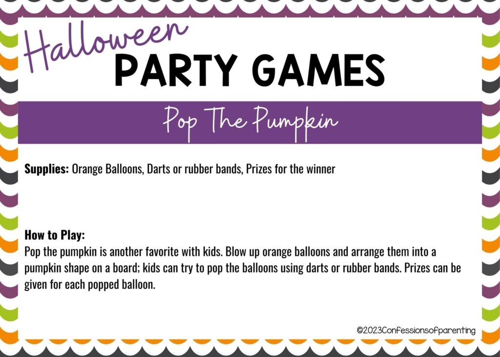 halloween themed border on white background with instructions for the Pop the Pumpkin game