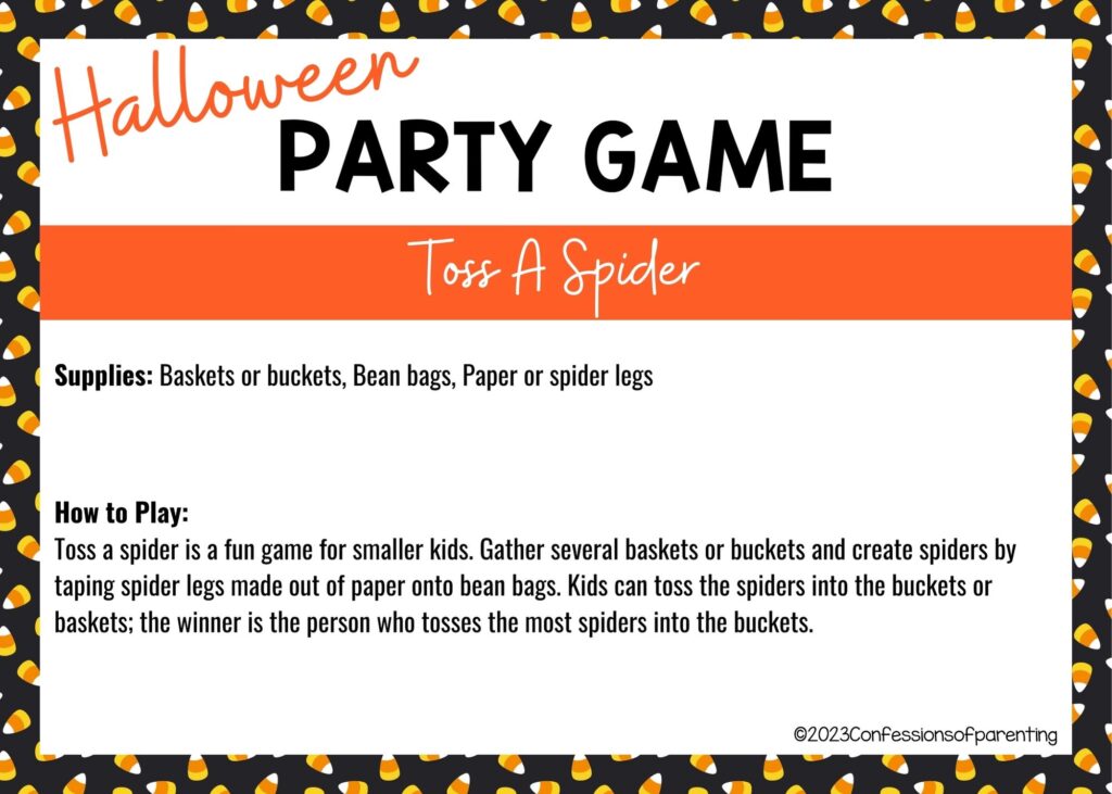 halloween themed border on white background with instructions for the Toss a Spider game