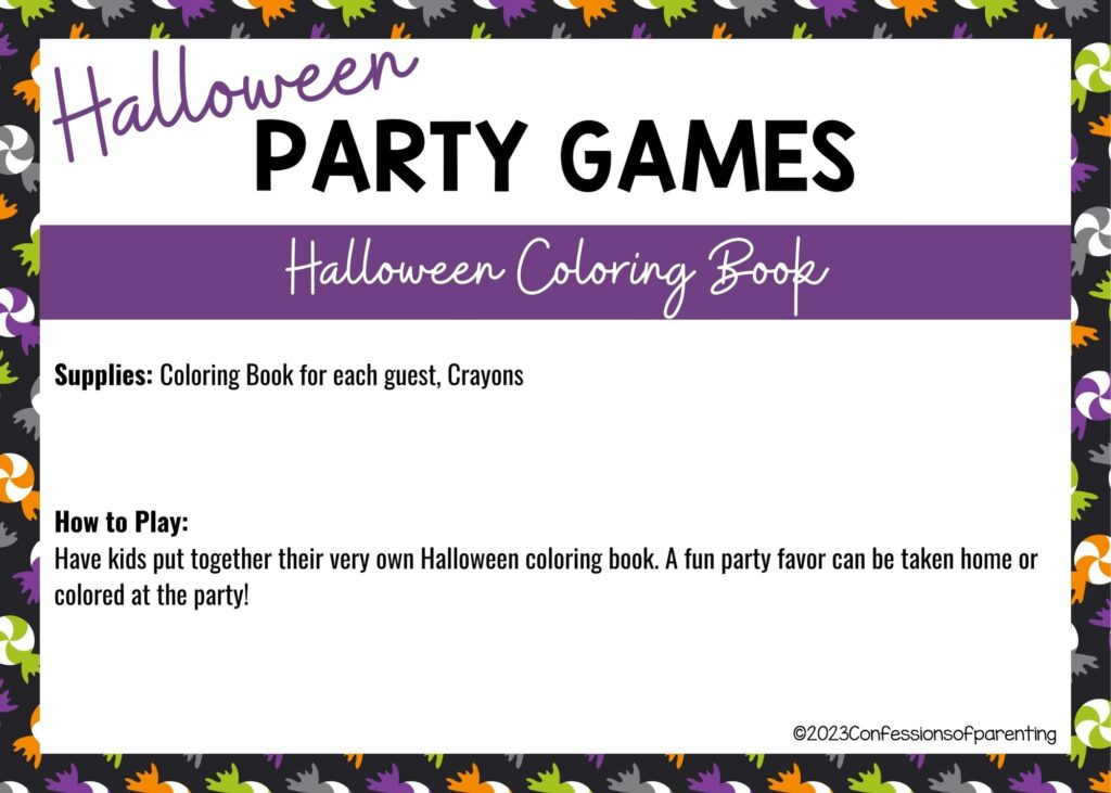 halloween themed border on white background with instructions for the halloween coloring book game