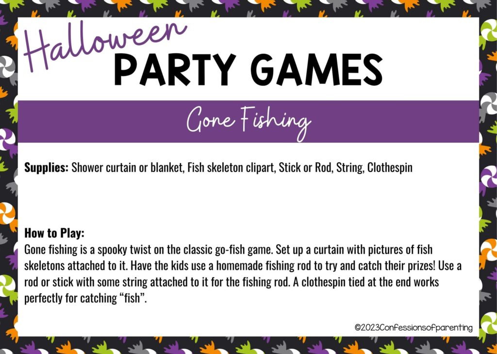 halloween themed border on white background with instructions for the Gone Fishing game