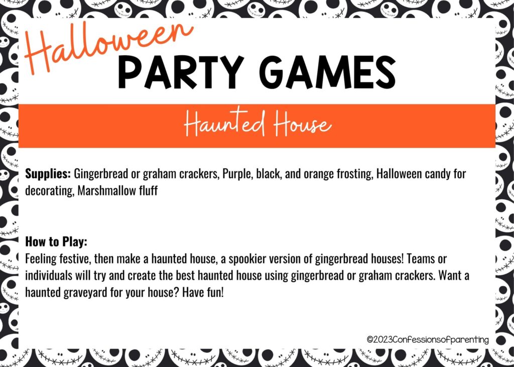 halloween themed border on white background with instructions for the haunted house game