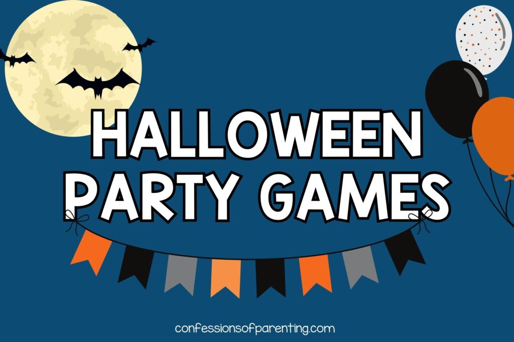 featured image with blue background, bold white tile that says "60 Halloween Party Games" with images of moon with bats, halloween balloons and halloween banner. 