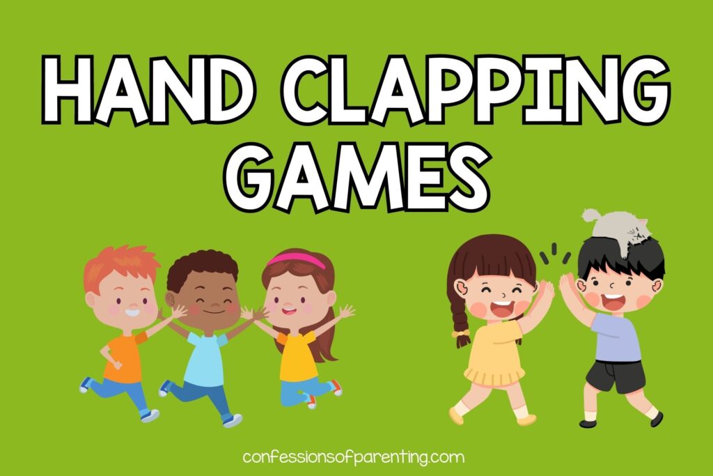 featured image with bold white title that says "Hand Clapping Games" and images of kids playing clapping games