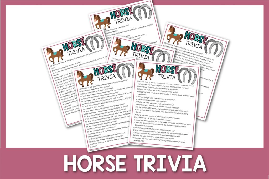 featured image with white background, mauve border, bold white title that says "Horse Trivia" and images of horse trivia printable. 