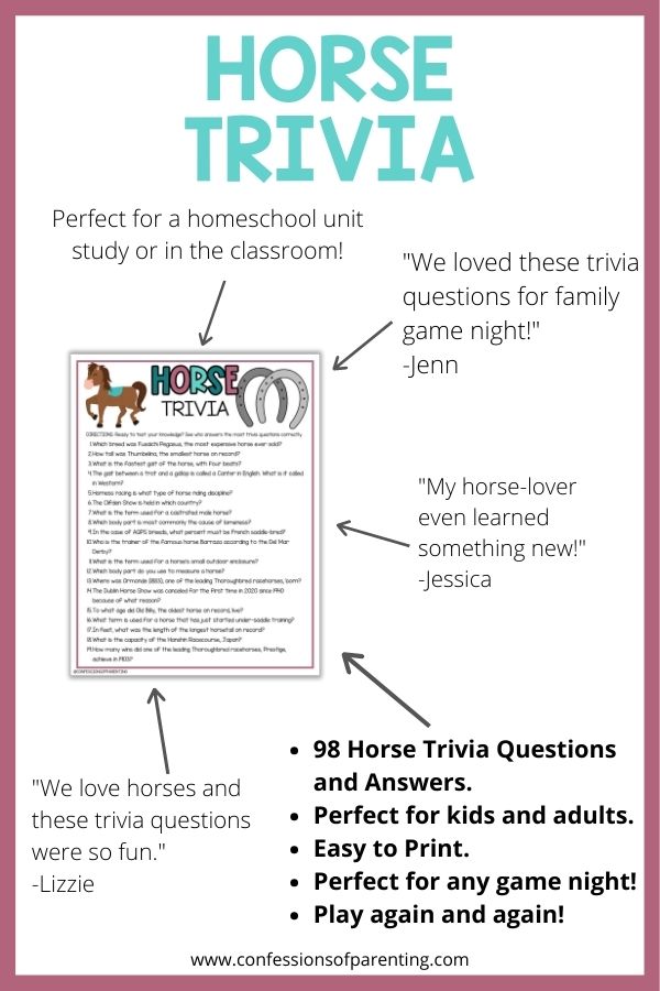 mockup image with white background, mauve border, bold title that says "Horse Trivia" and an image. of horse trivia printable surrounded by reviews