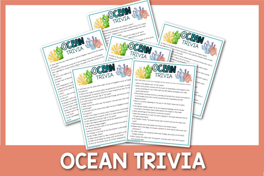 featured image with white background, coral border, bold white title that says "Ocean Trivia" and images of ocean trivia printable sheets