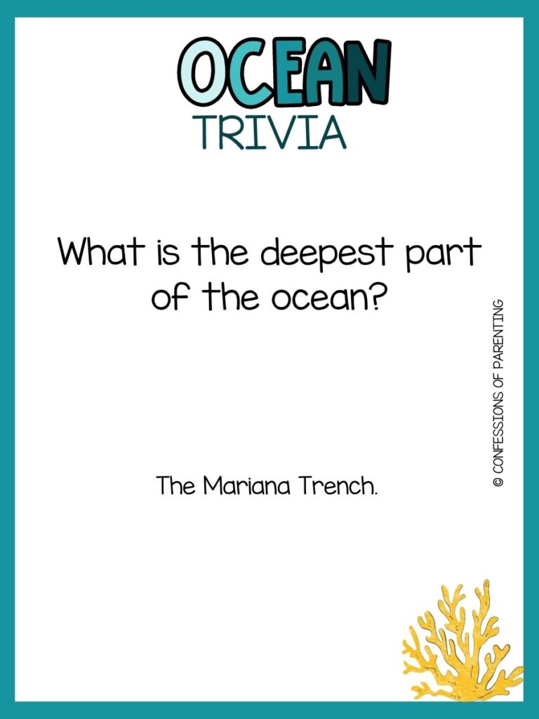 in post image with white background, teal border, bold title that says "Ocean Trivia", text of trivia question, and an image of coral. 