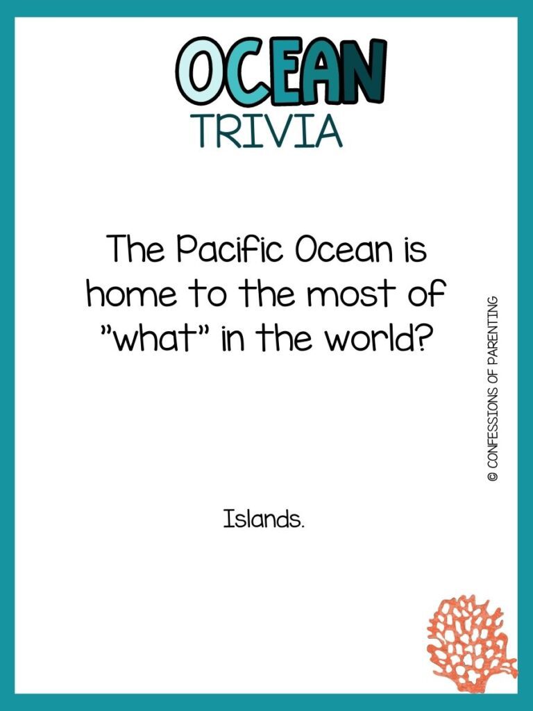 in post image with white background, teal border, bold title that says "Ocean Trivia", text of trivia question, and an image of coral. 