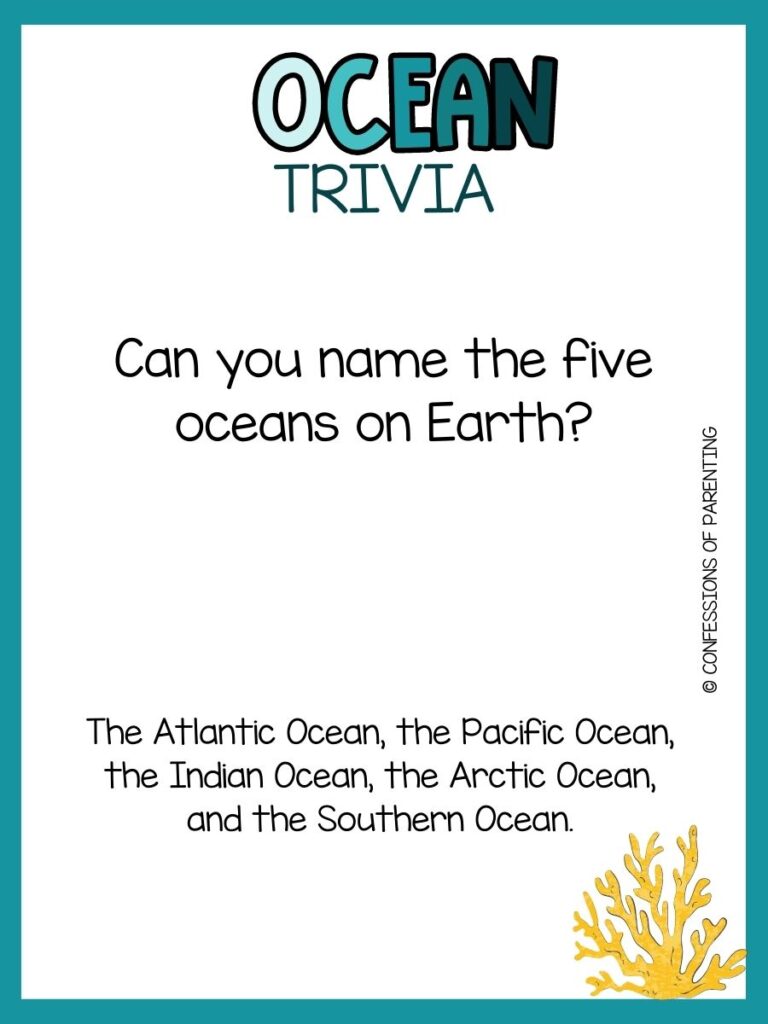 in post image with white background, teal border, bold title that says "Ocean Trivia", text of trivia question, and an image of coral. 