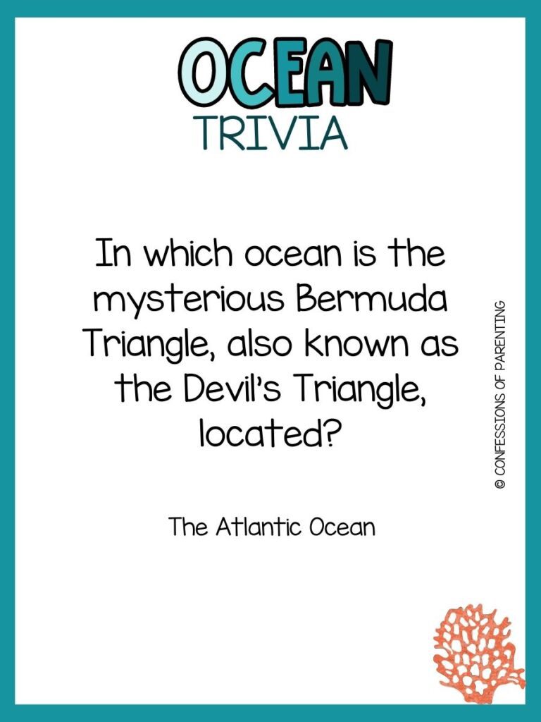 in post image with white background, teal border, bold title that says "Ocean Trivia", text of trivia question, and an image of coral. 