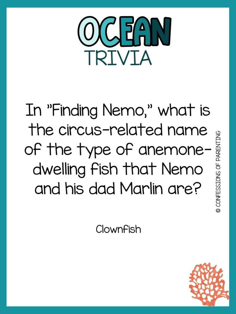 in post image with white background, teal border, bold title that says "Ocean Trivia", text of trivia question, and an image of coral. 