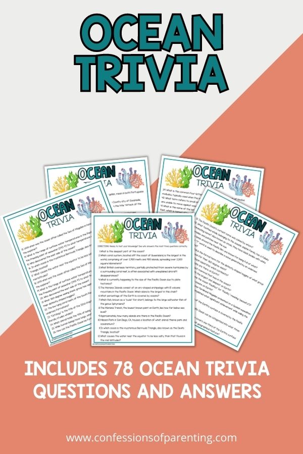 mockup image with grey and coral background, title that says "Ocean Trivia", and an images of ocean printable 