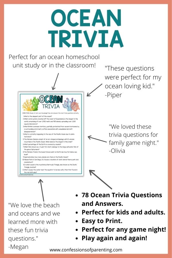 mockup image with white background, coral border, teal title that says "Ocean Trivia", and an image of ocean printable surrounded by reviews