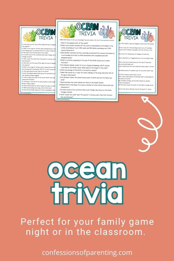 mockup image with coral background, white and teal title that says "Ocean Trivia", and an images of ocean printable 