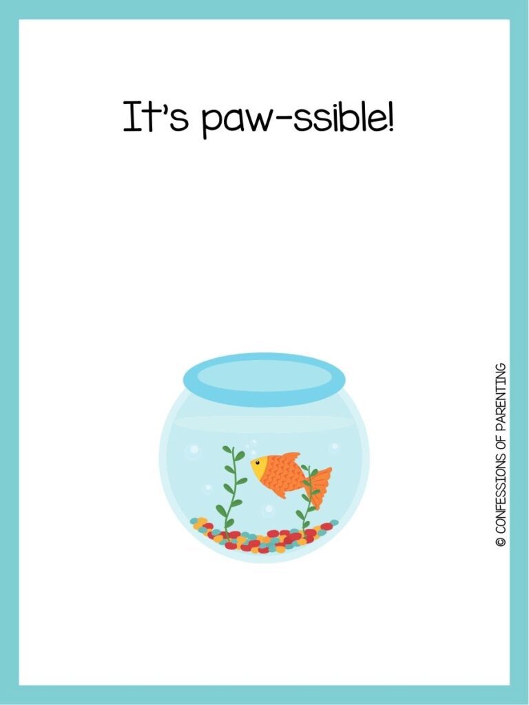 in post image with white background, teal border, text of a pet pun and an image of a pet