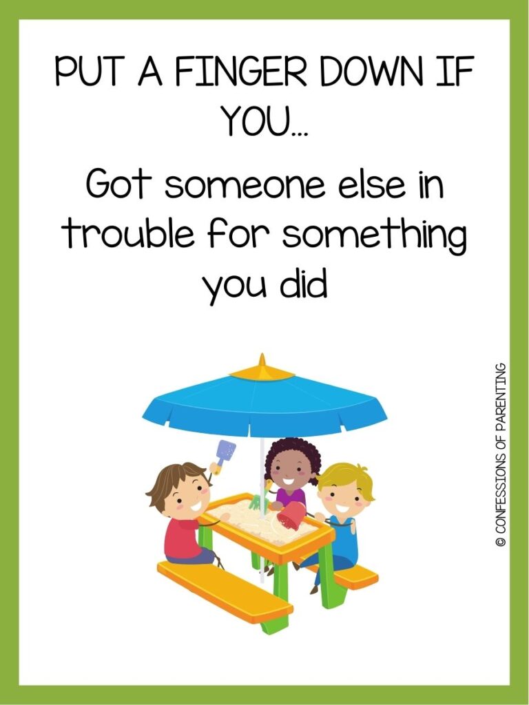 in post image with white background, green border, text of a "Put a Finger Down If You..." prompt and an image of children playing