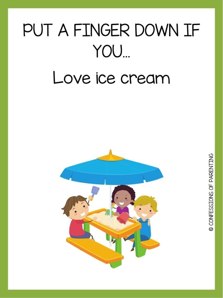 in post image with white background, green border, text of a "Put a Finger Down If You..." prompt and an image of children playing