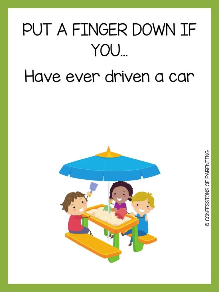 in post image with white background, green border, text of a "Put a Finger Down If You..." prompt and an image of children playing