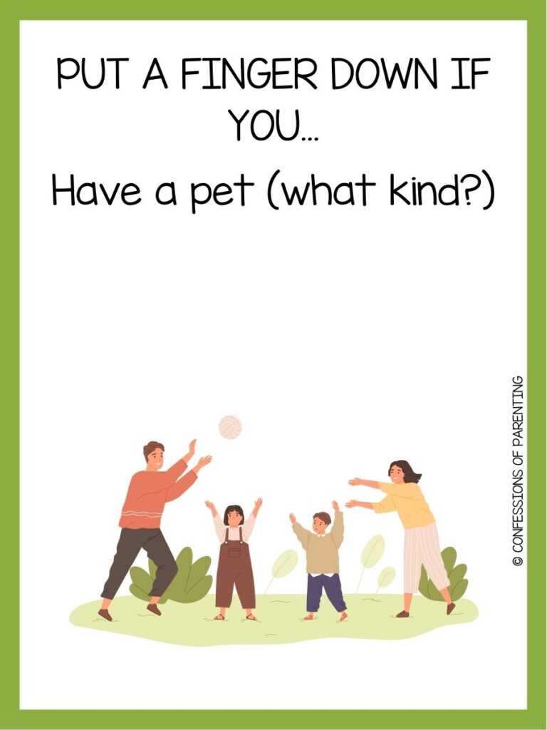 in post image with white background, green border, text of a "Put a Finger Down If You..." prompt and an image of children playing