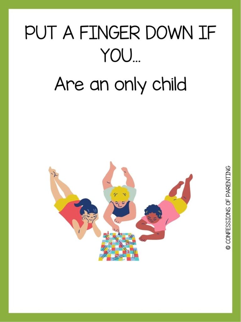 in post image with white background, green border, text of a "Put a Finger Down If You..." prompt and an image of children playing