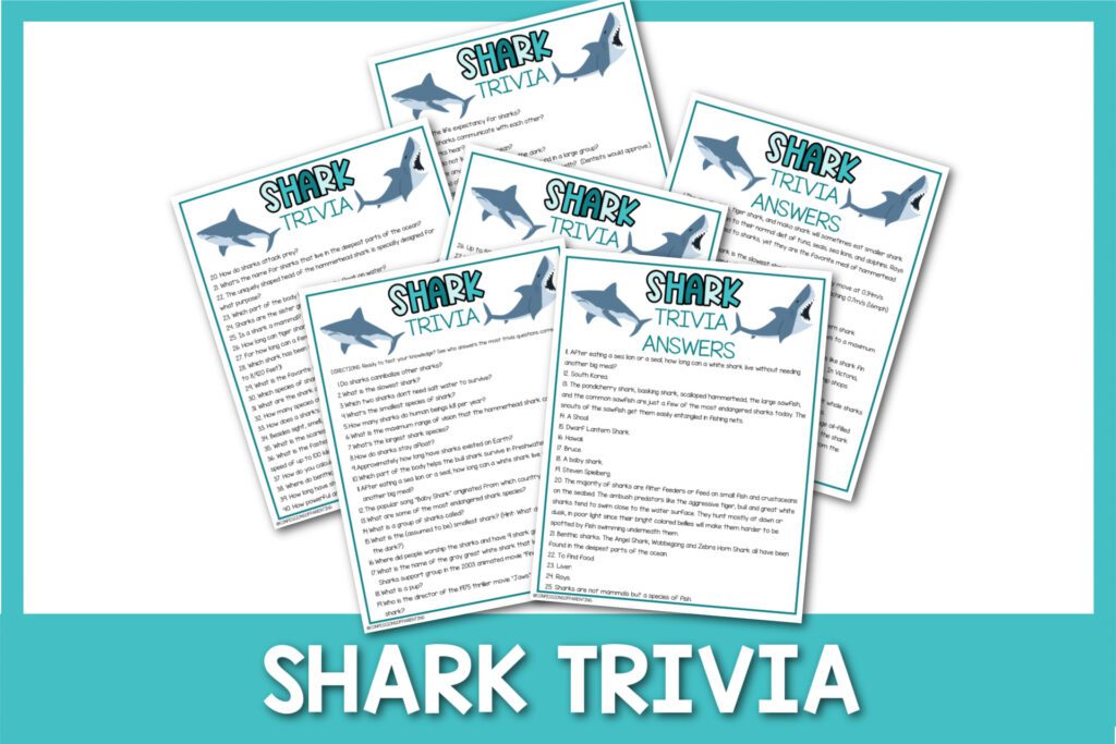 featured image with white background, teal border, bold white title that says "Shark Trivia" and images of shark trivia parintable