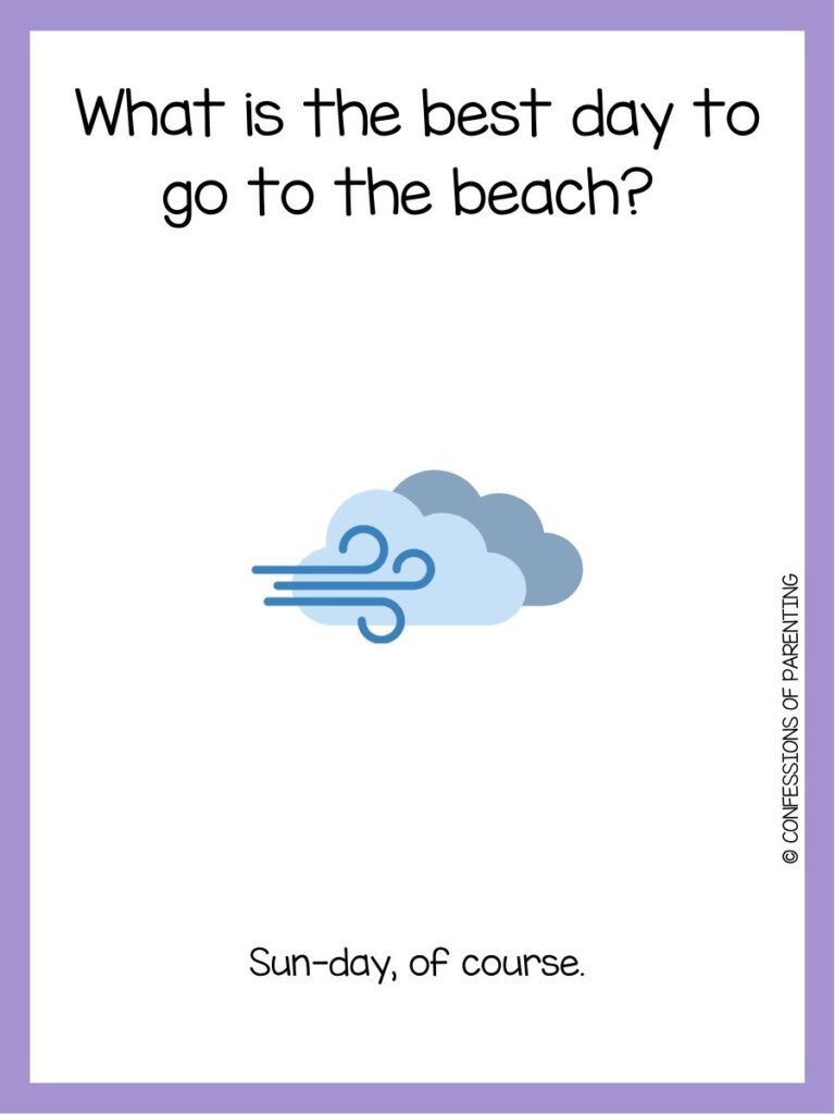 in post image with white background, purple border, text of a weather joke and an image of a wind cloud