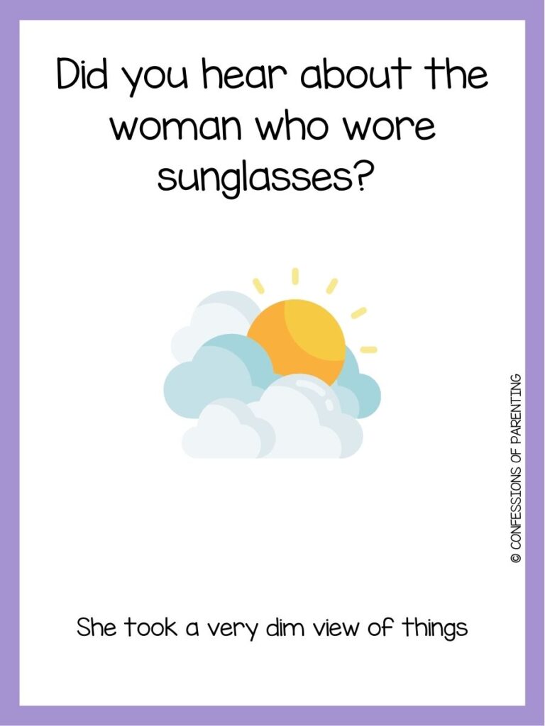 in post image with white background, purple border, text of a weather joke and an image of a sun with clouds