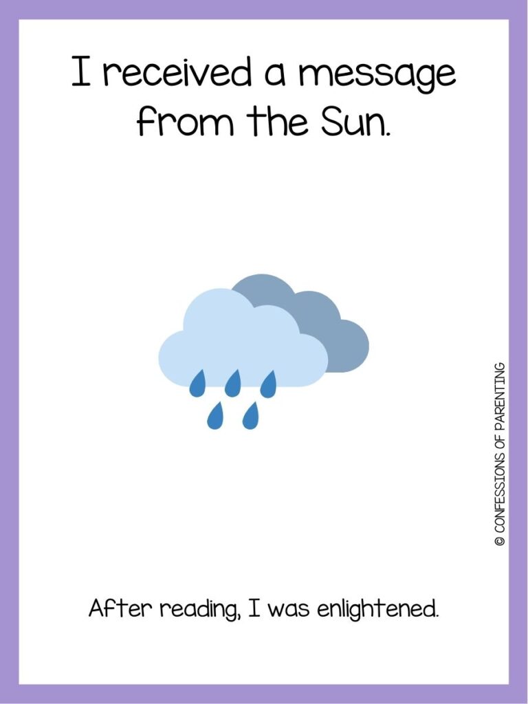 in post image with white background, purple border, text of a weather joke and an image of a rain cloud