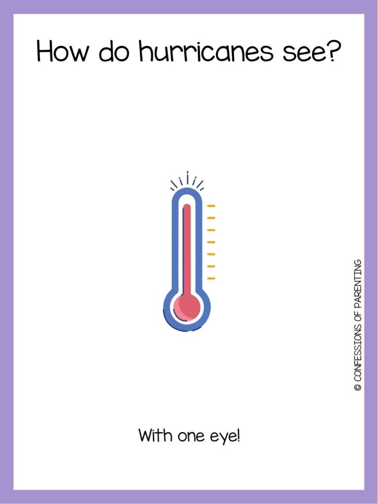 in post image with white background, purple border, text of a weather joke and an image of a thermometer