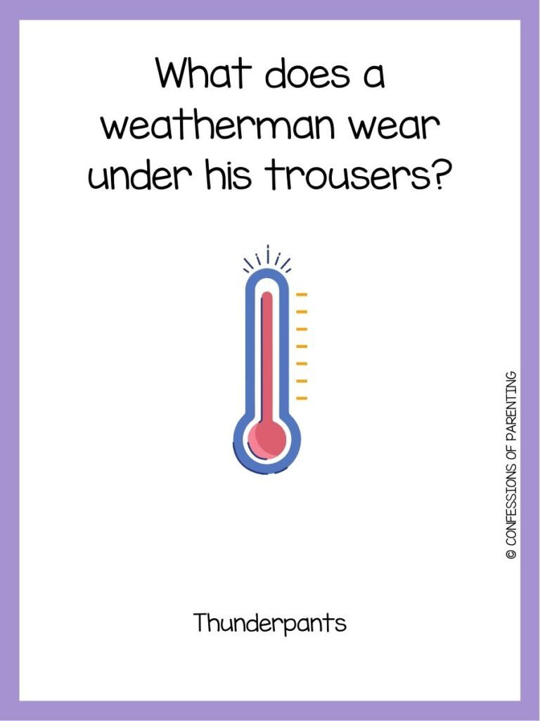 in post image with white background, purple border, text of a weather joke and an image of a thermometer