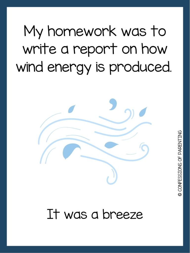 in post image with white background, blue border, text of a wind pun, and an image of wind