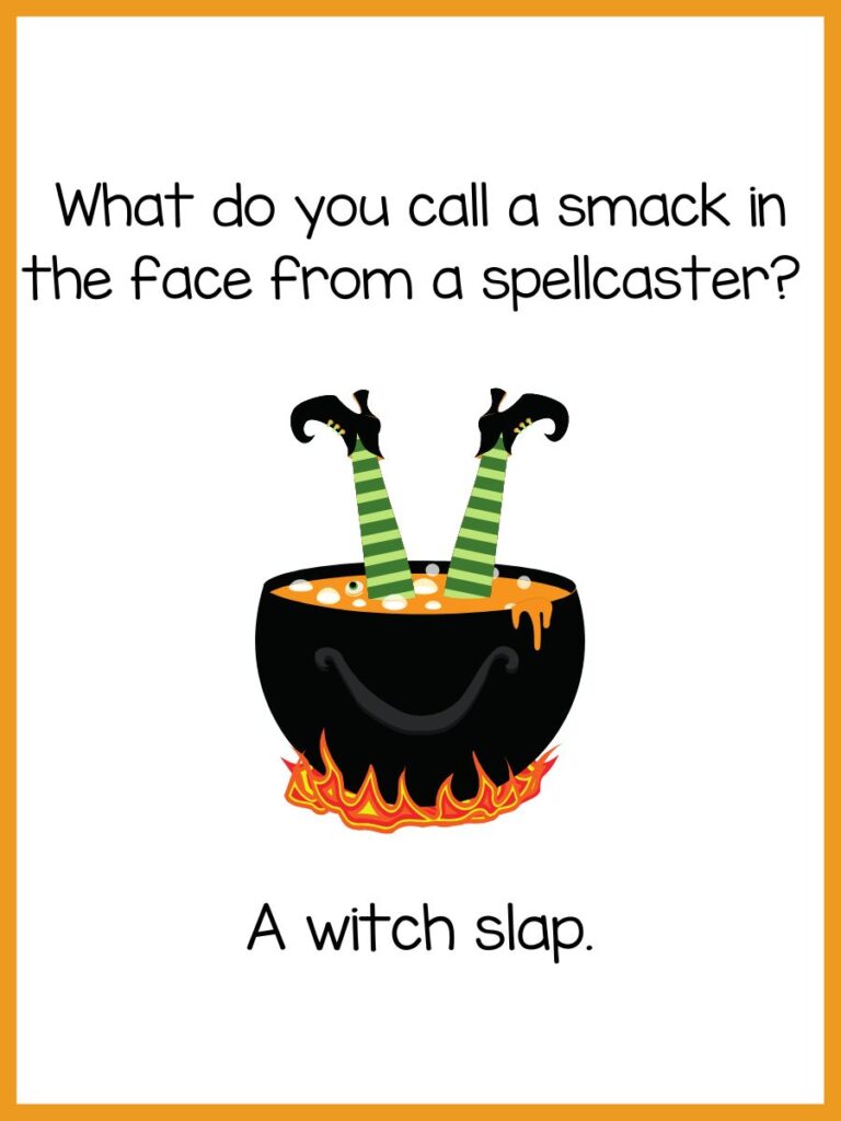 orange border with cauldron with witch legs sticking out the top with witch pun. 