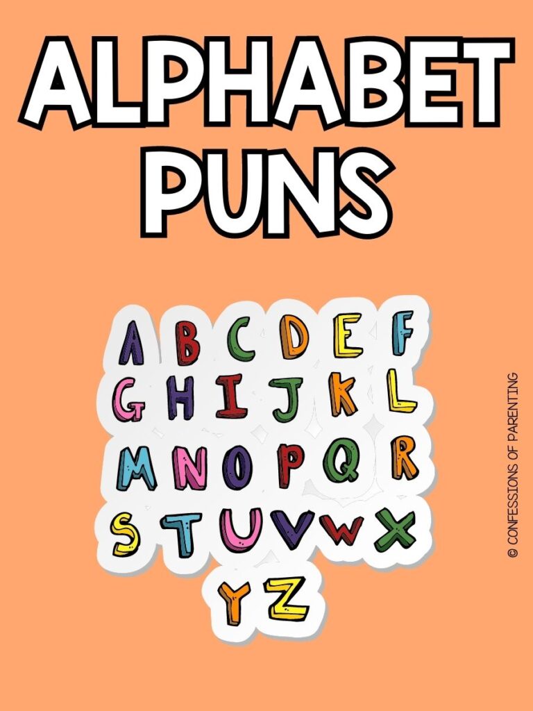 pin image: orange background with white text "alphabet puns" with colorful alphabet
