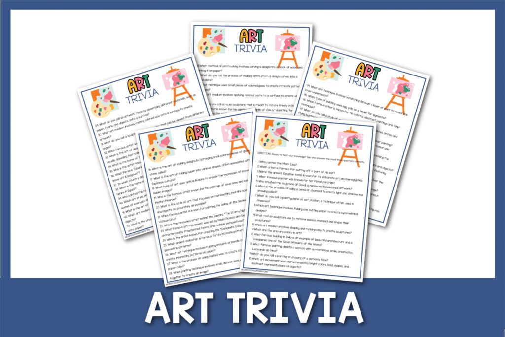 featured image with white background, blue border, bold white title that says "Art Trivia" and images of art trivia printables