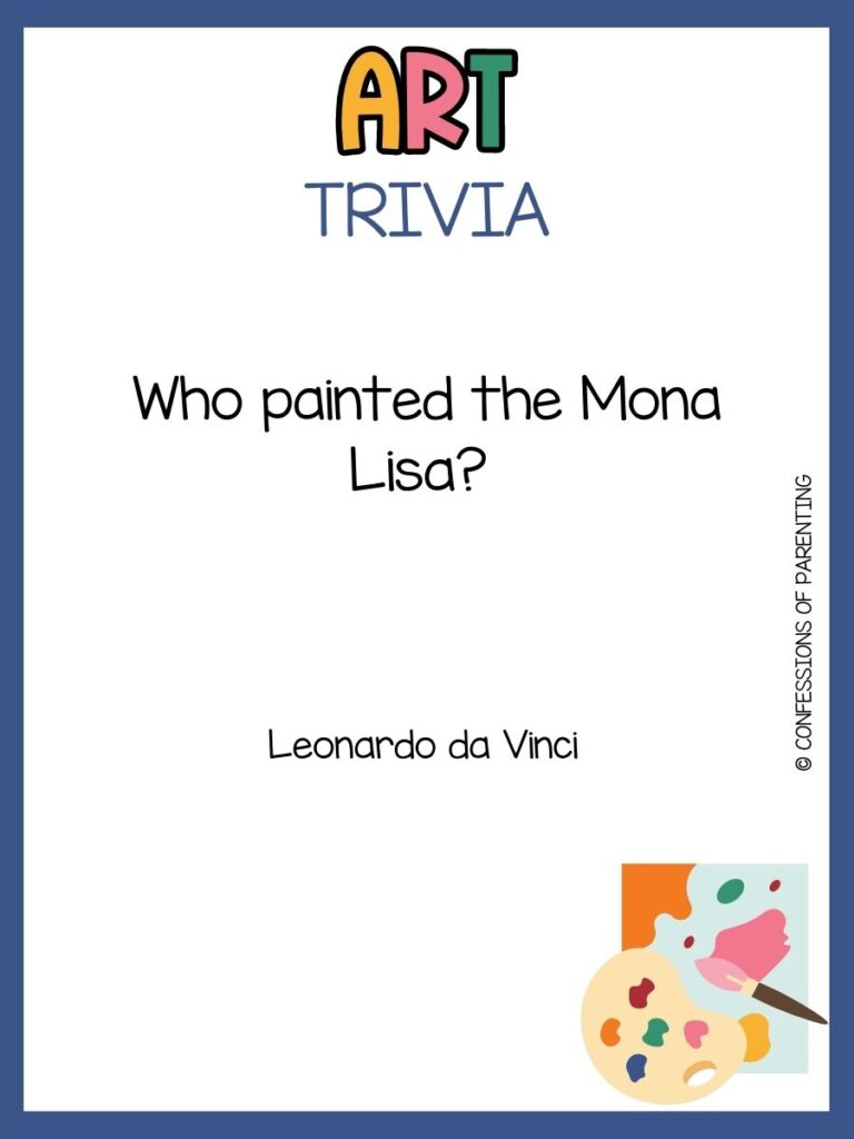 in post image with white background, blue border, bold title that says "Art Trivia", text of an art trivia question, and an image of art supplies