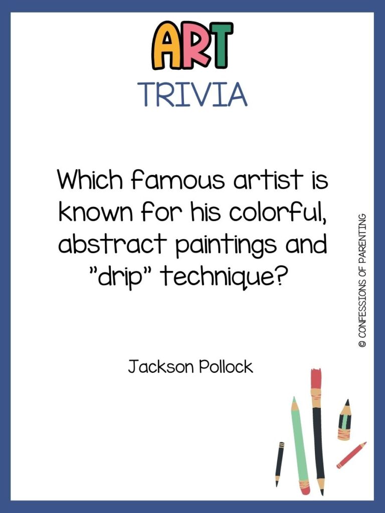 in post image with white background, blue border, bold title that says "Art Trivia", text of an art trivia question, and an image of art supplies