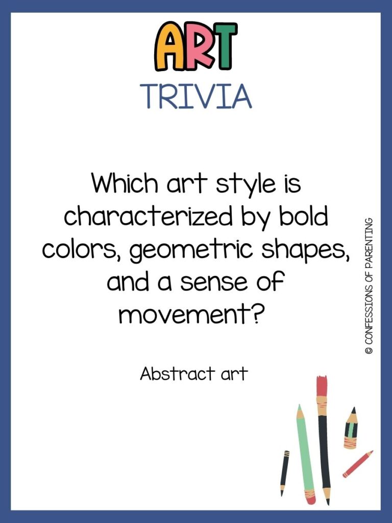 in post image with white background, blue border, bold title that says "Art Trivia", text of an art trivia question, and an image of art supplies